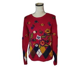 Vintage 90s Accordeon Sz M Maroon Floral Embroidered Argyle Sweater Prairecore